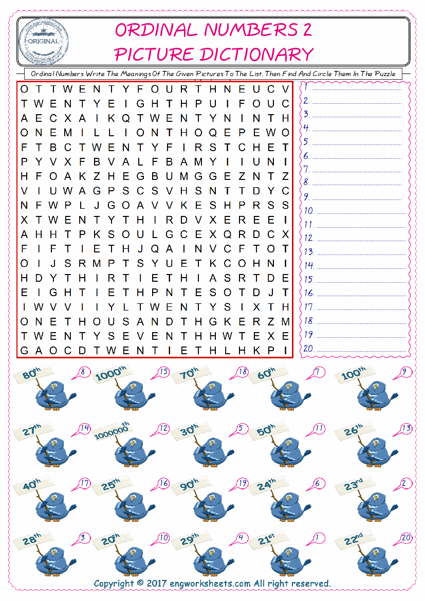  For kids, check the picture of Ordinal Numbers find, and write the word and find it in the word puzzle ESL printable worksheet. 